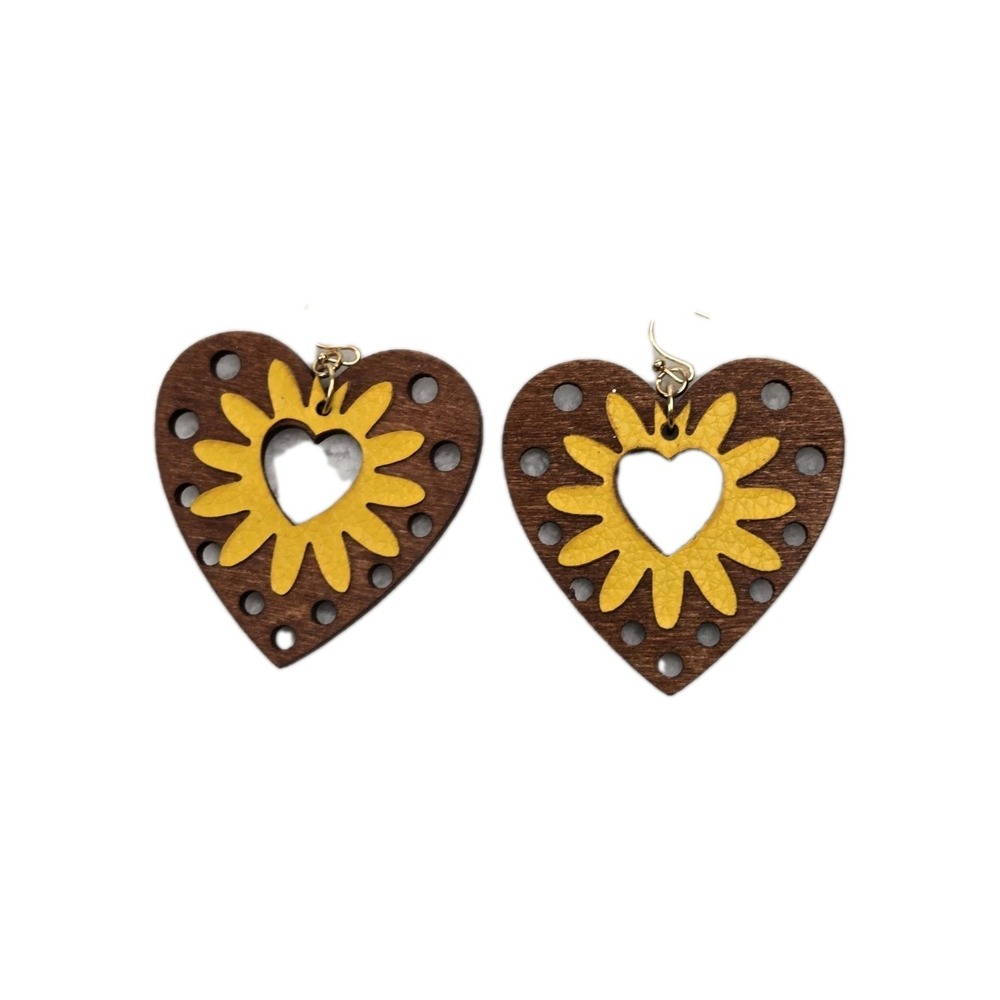 Heart Shaped Wooden Yellow Flower‎ Earrings Handmade
